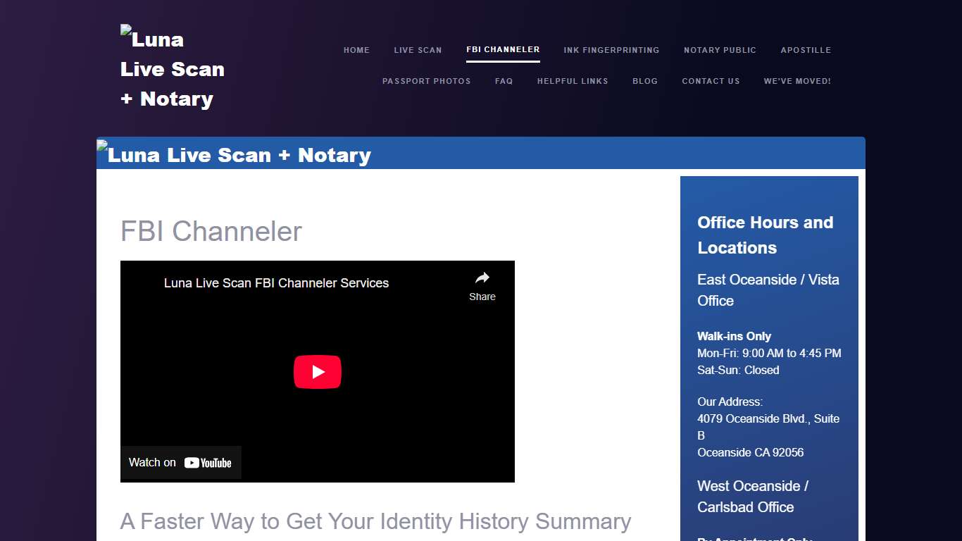 LunaLuna Live Scan + Notary FBI Channeler for FBI Background Checks Near San Diego